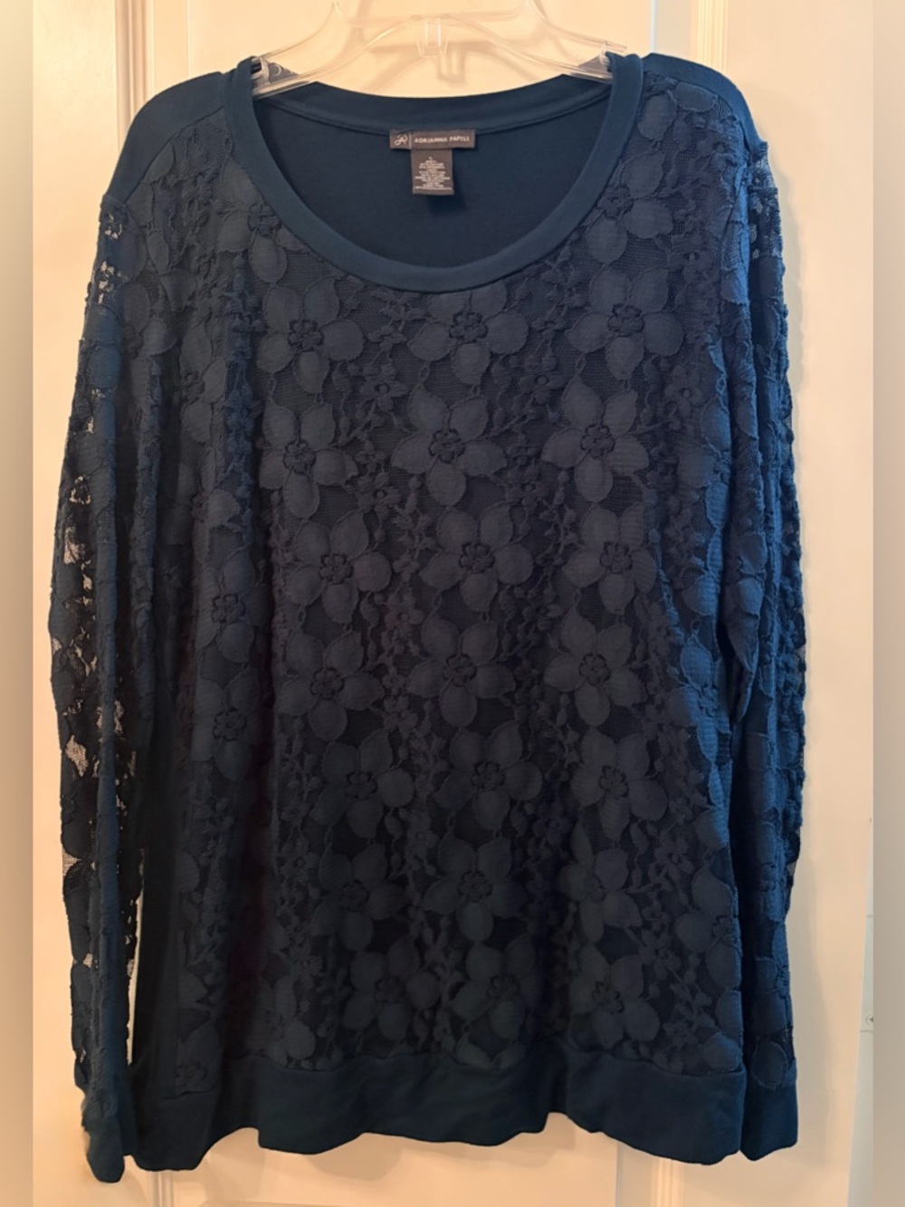Adrianna Papell Dark Blue Green Pine Lace-Trim Scoop Neck Top